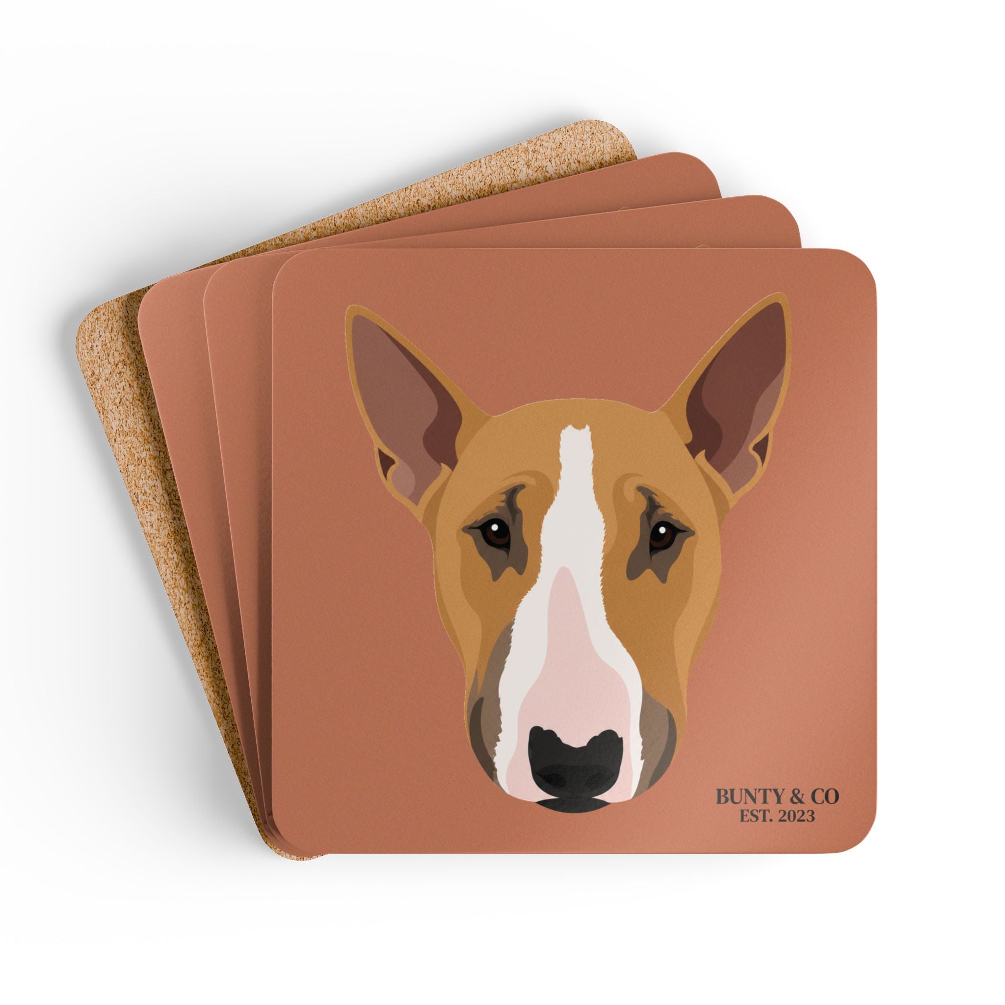Bull Terrier Cork Coaster Set (4 Pack) - Bunty - Burnt Orange