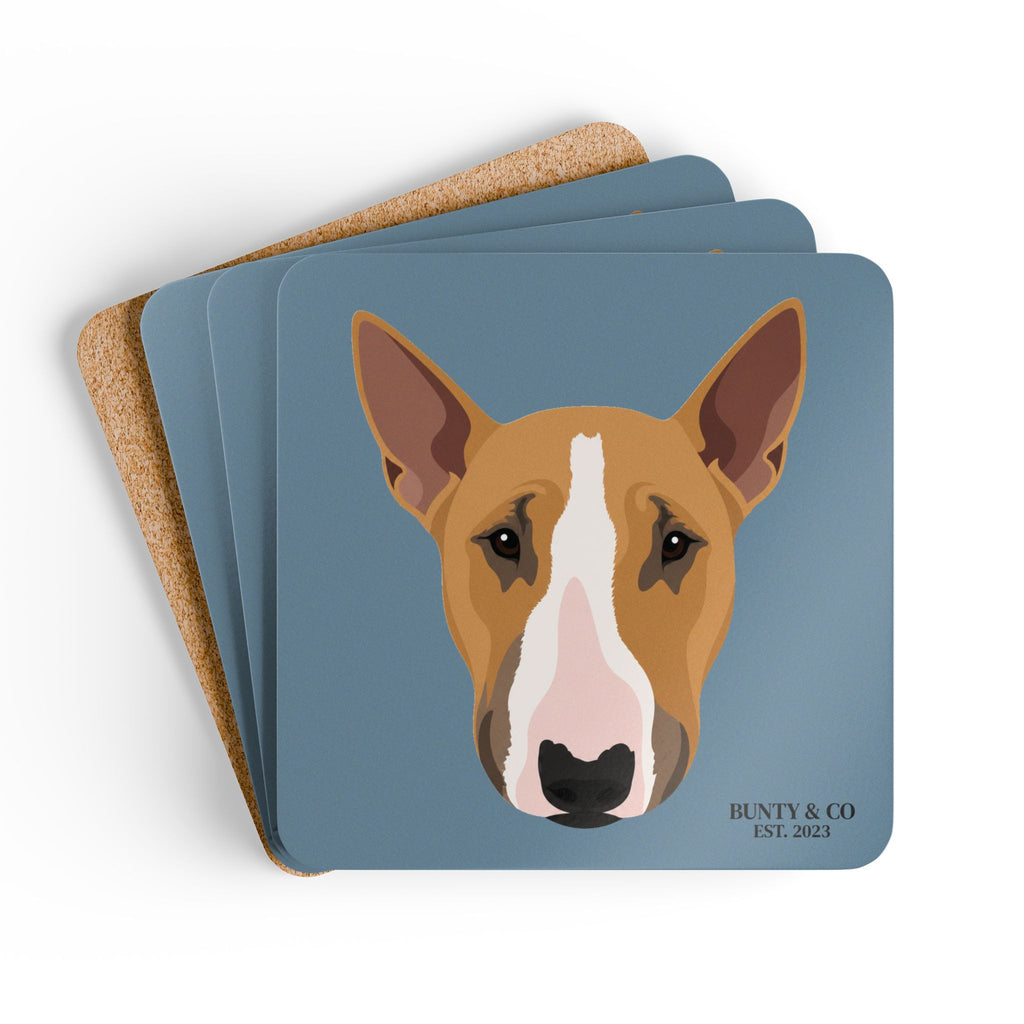 Bull Terrier Cork Coaster Set (4 Pack) - Bunty - Dusty Blue