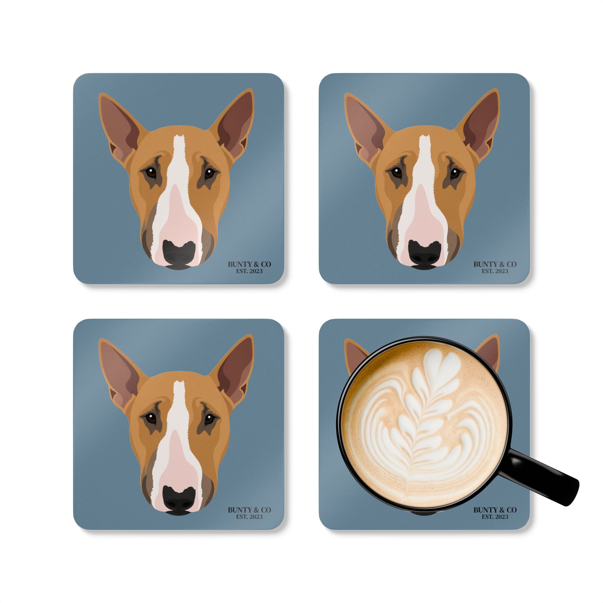 Bull Terrier Cork Coaster Set (4 Pack) - Bunty - Dusty Blue
