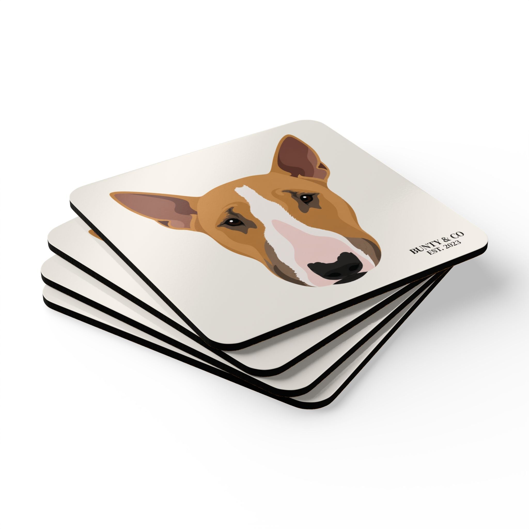 Bull Terrier Cork Coaster Set (4 Pack)  - Bunty - Warm White