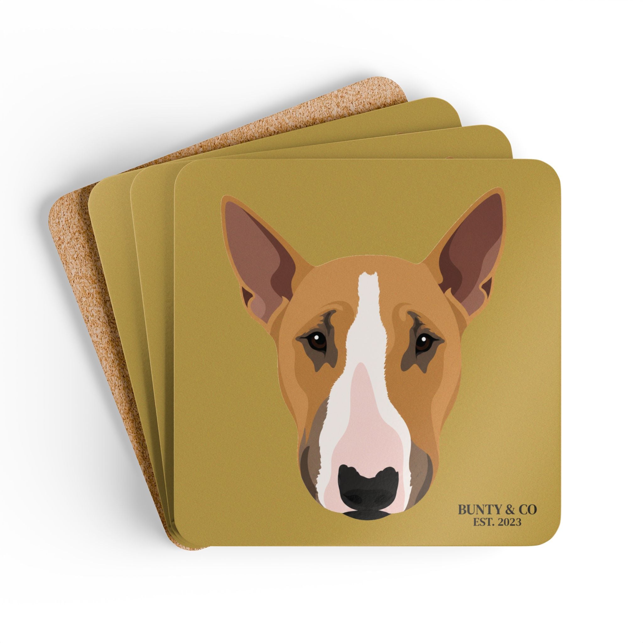 Bull Terrier Cork Coaster Set (4 Pack) - Bunty - Mustard