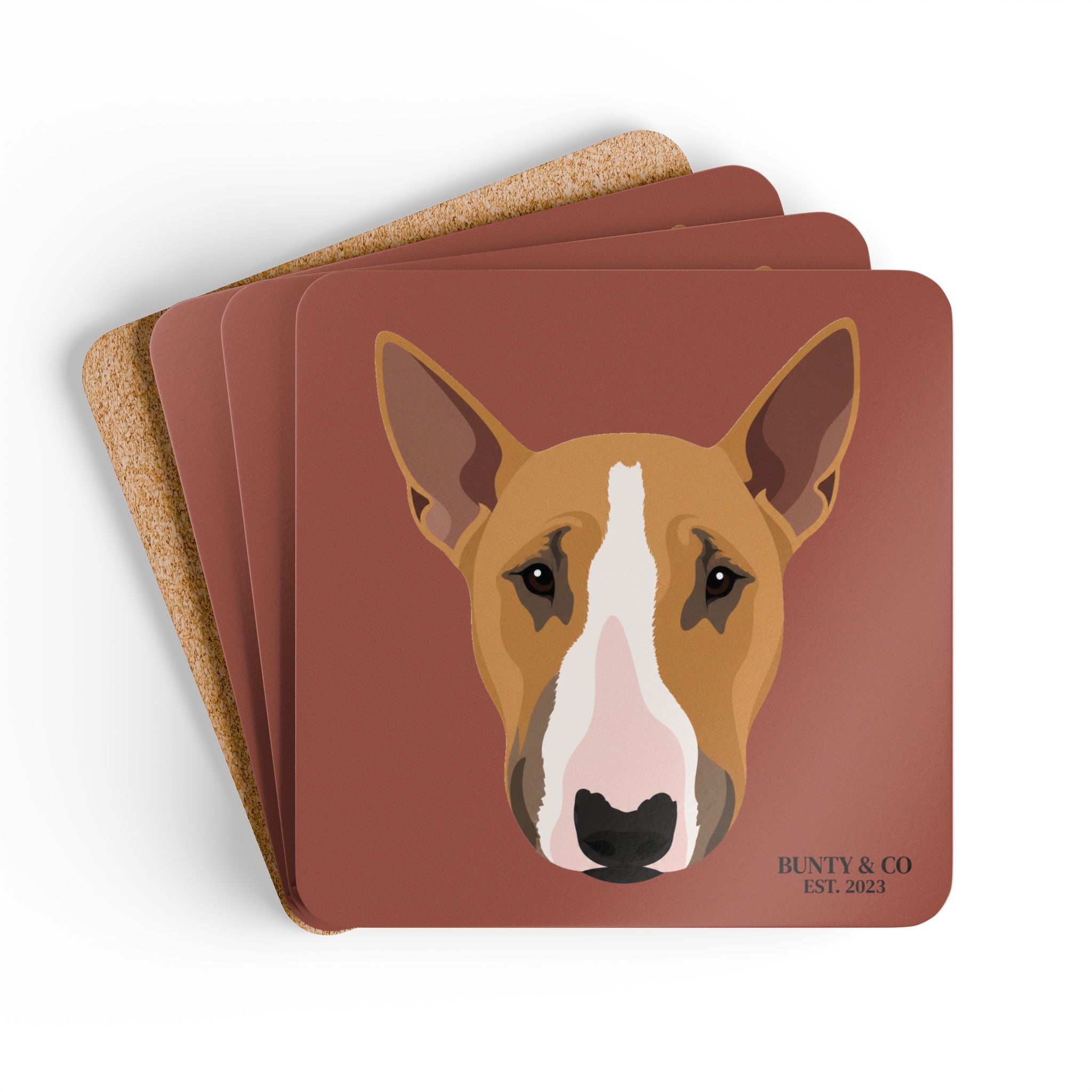 Bull Terrier Cork Coaster Set (4 Pack)  - Bunty - Brick Red