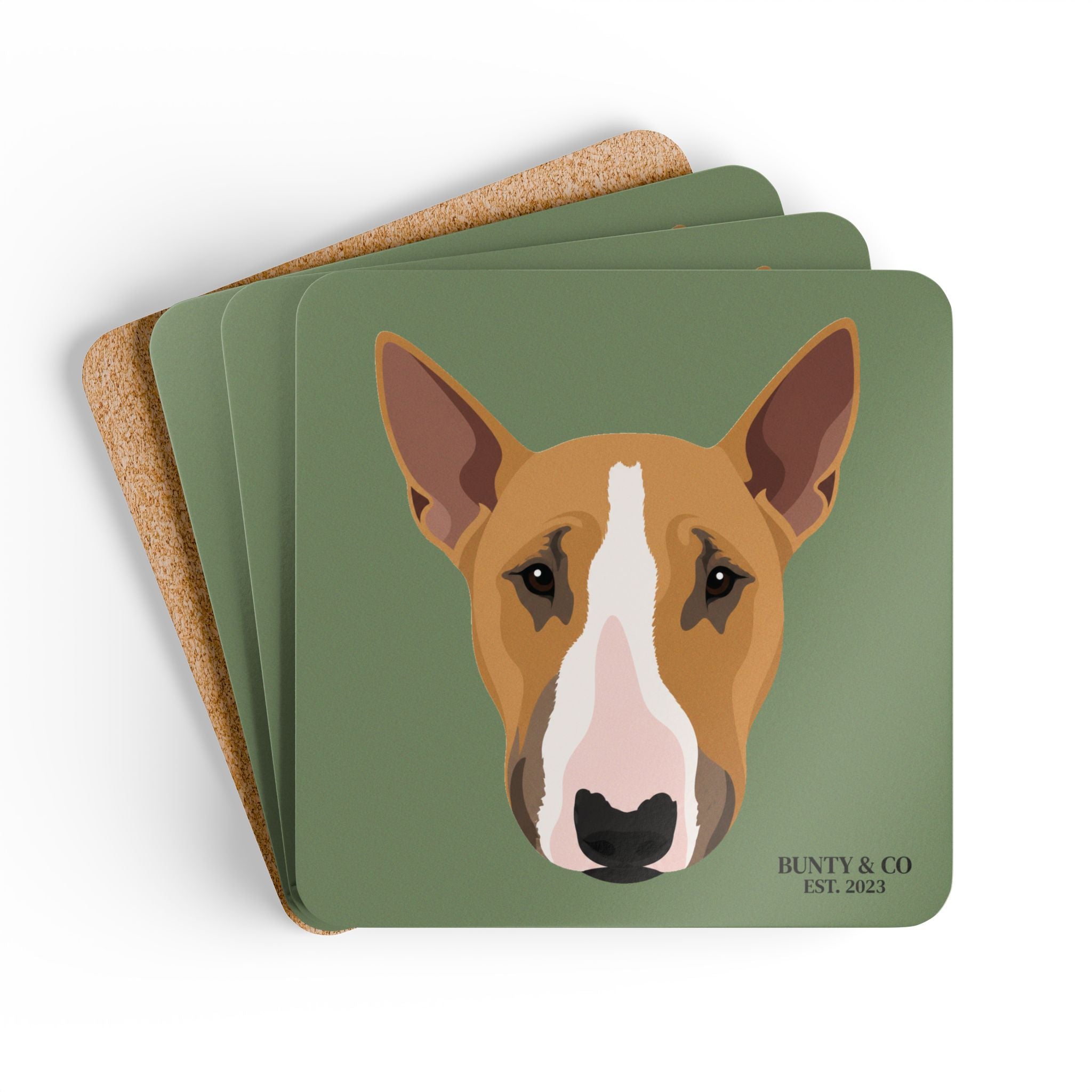Bull Terrier Cork Coaster Set (4 Pack)  - Bunty - Olive Green