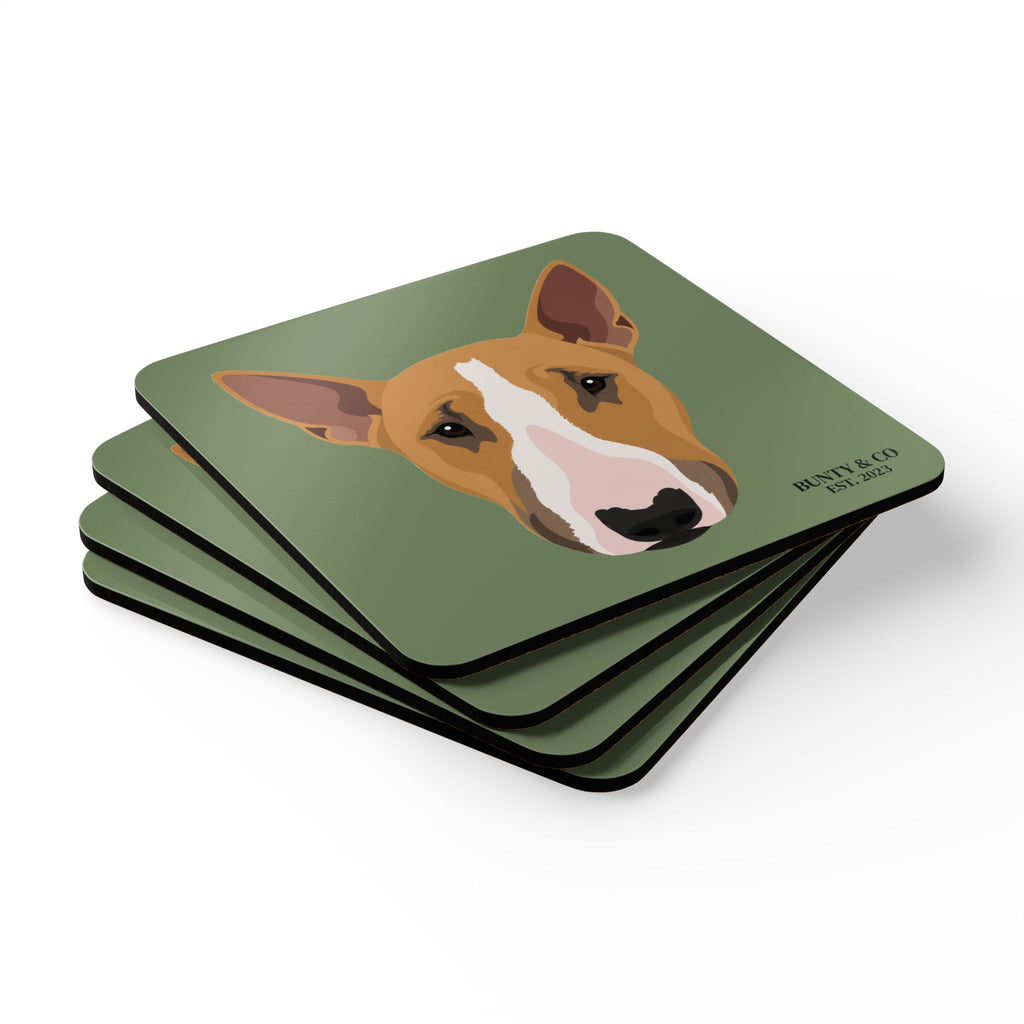 Bull Terrier Cork Coaster Set (4 Pack)  - Bunty - Olive Green