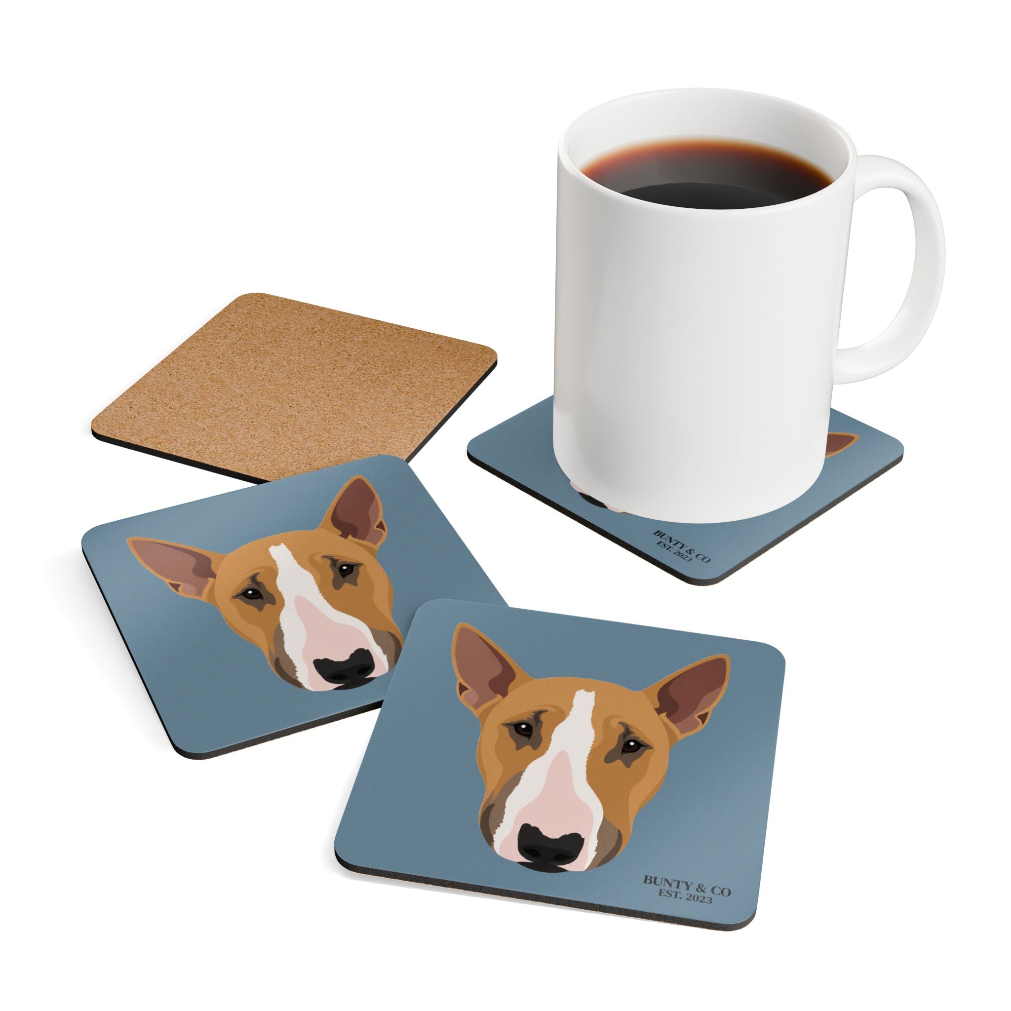 Bull Terrier Cork Coaster Set (4 Pack) - Bunty - Dusty Blue