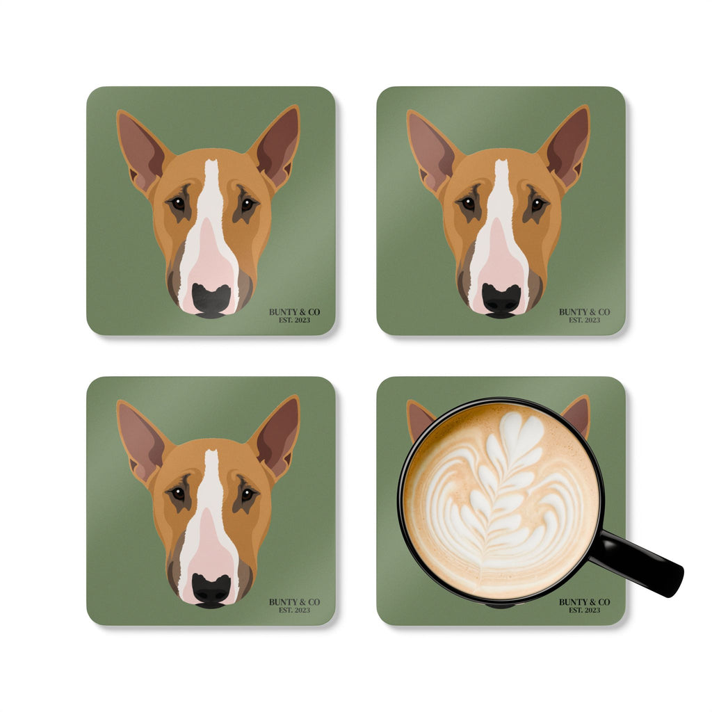 Bull Terrier Cork Coaster Set (4 Pack)  - Bunty - Olive Green