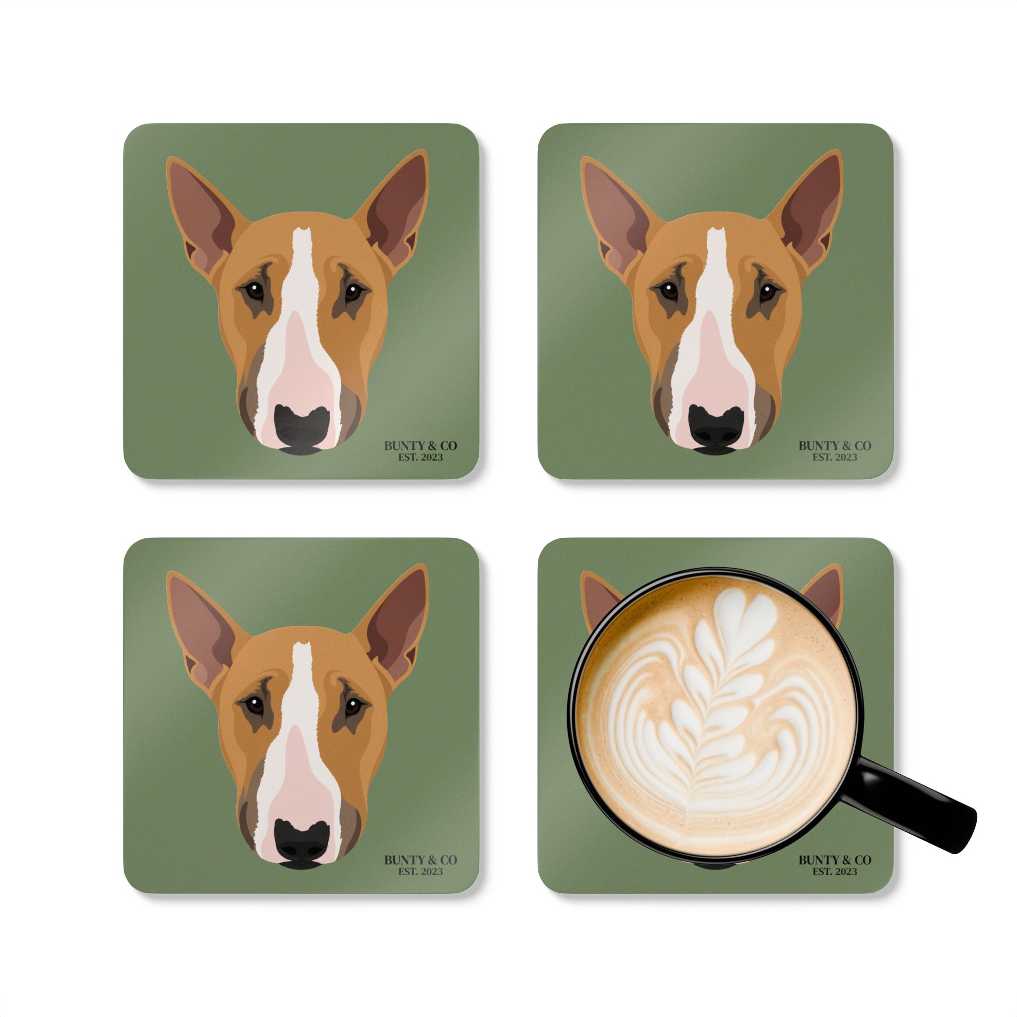 Bull Terrier Cork Coaster Set (4 Pack)  - Bunty - Olive Green