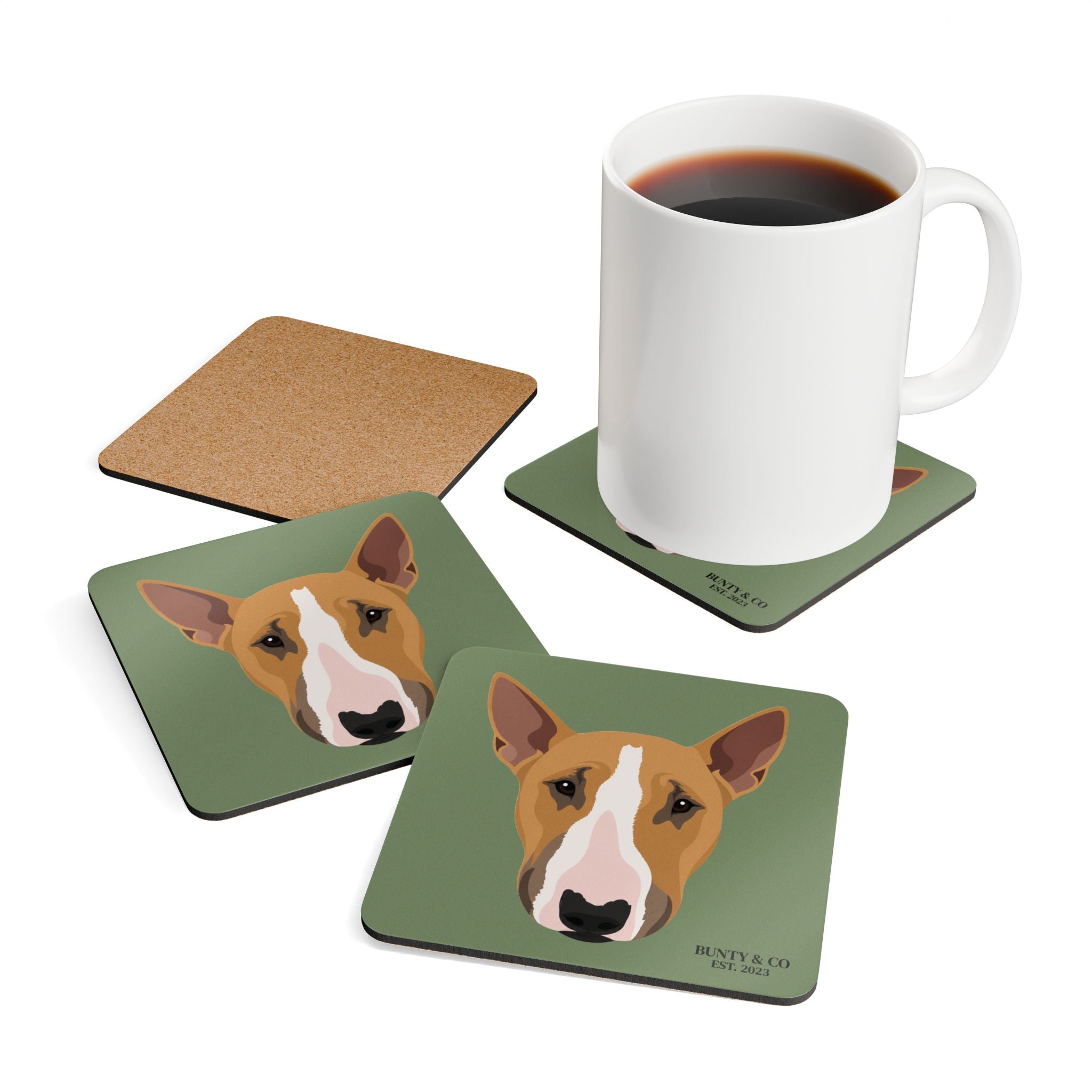Bull Terrier Cork Coaster Set (4 Pack)  - Bunty - Olive Green