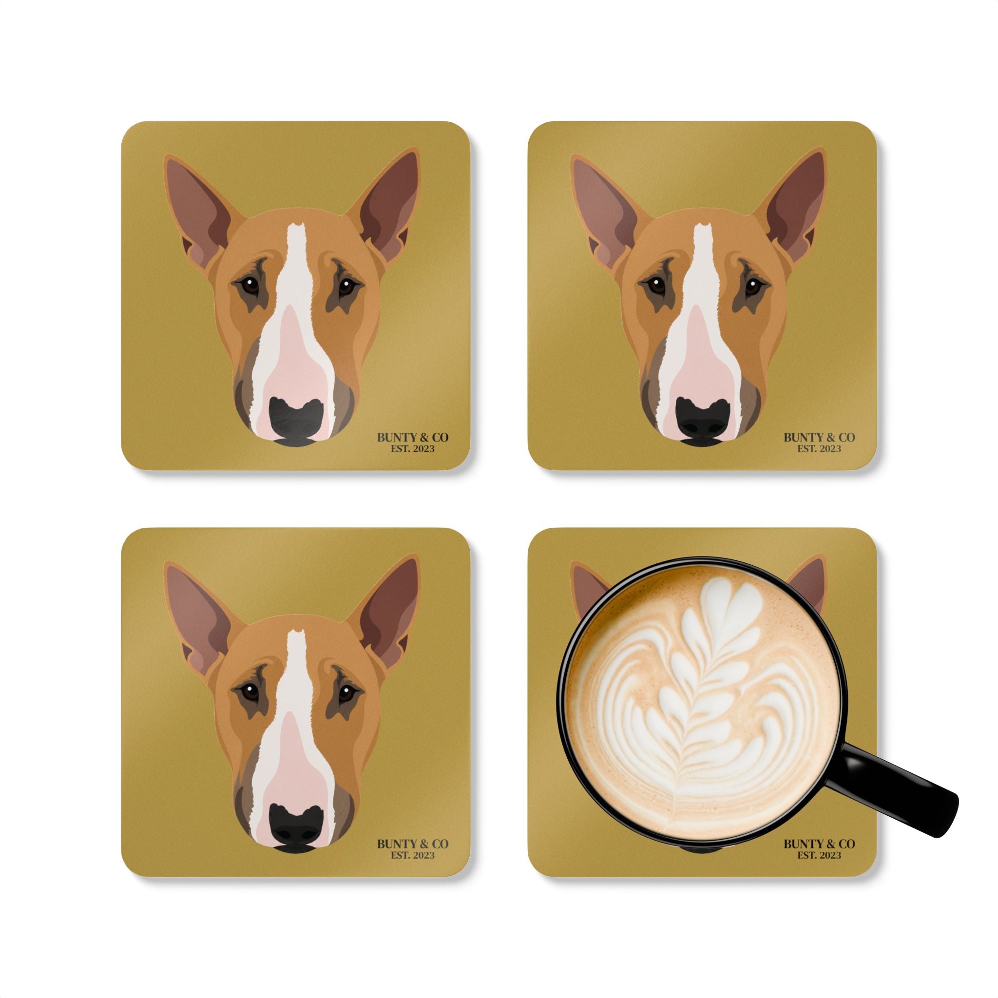 Bull Terrier Cork Coaster Set (4 Pack) - Bunty - Mustard