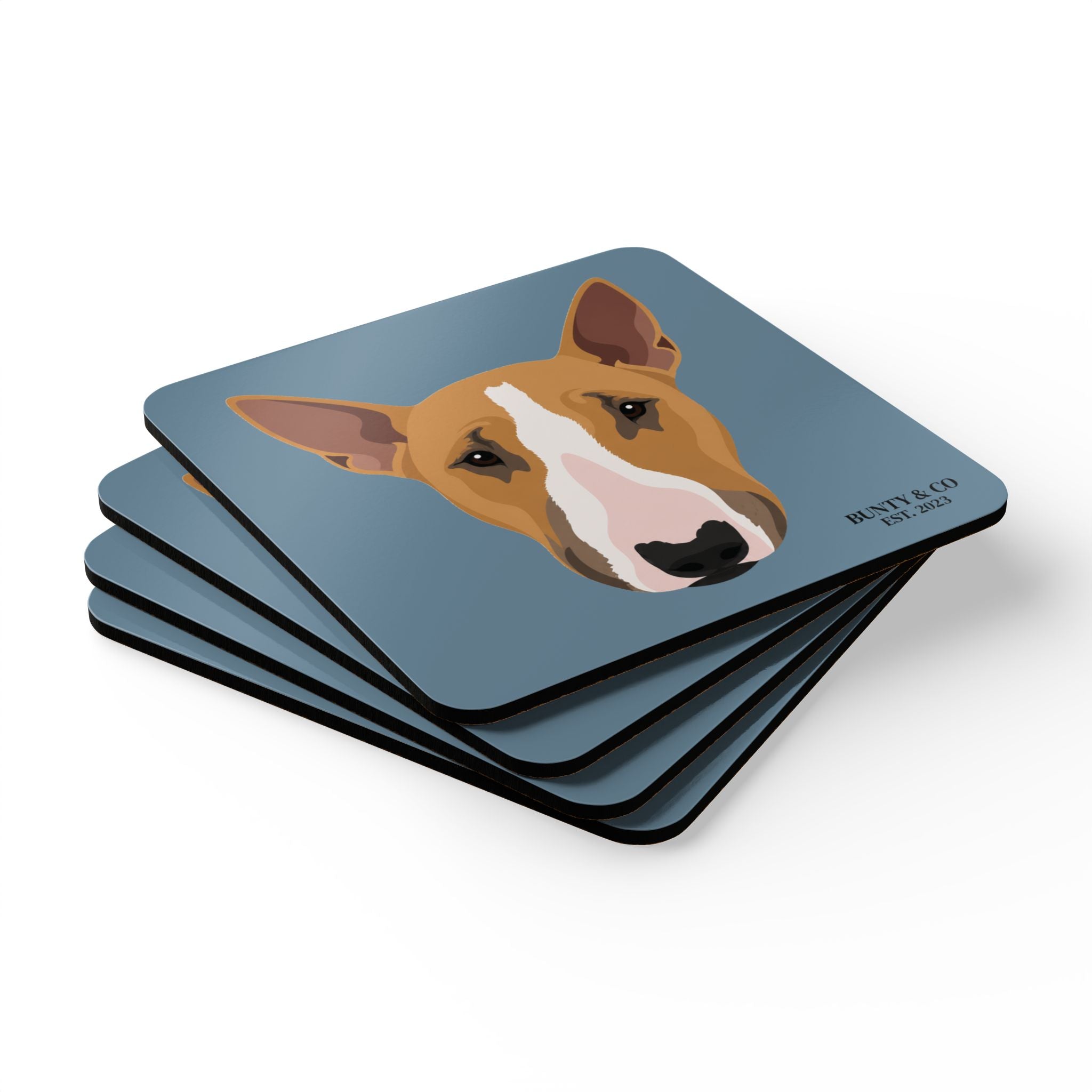 Bull Terrier Cork Coaster Set (4 Pack) - Bunty - Dusty Blue