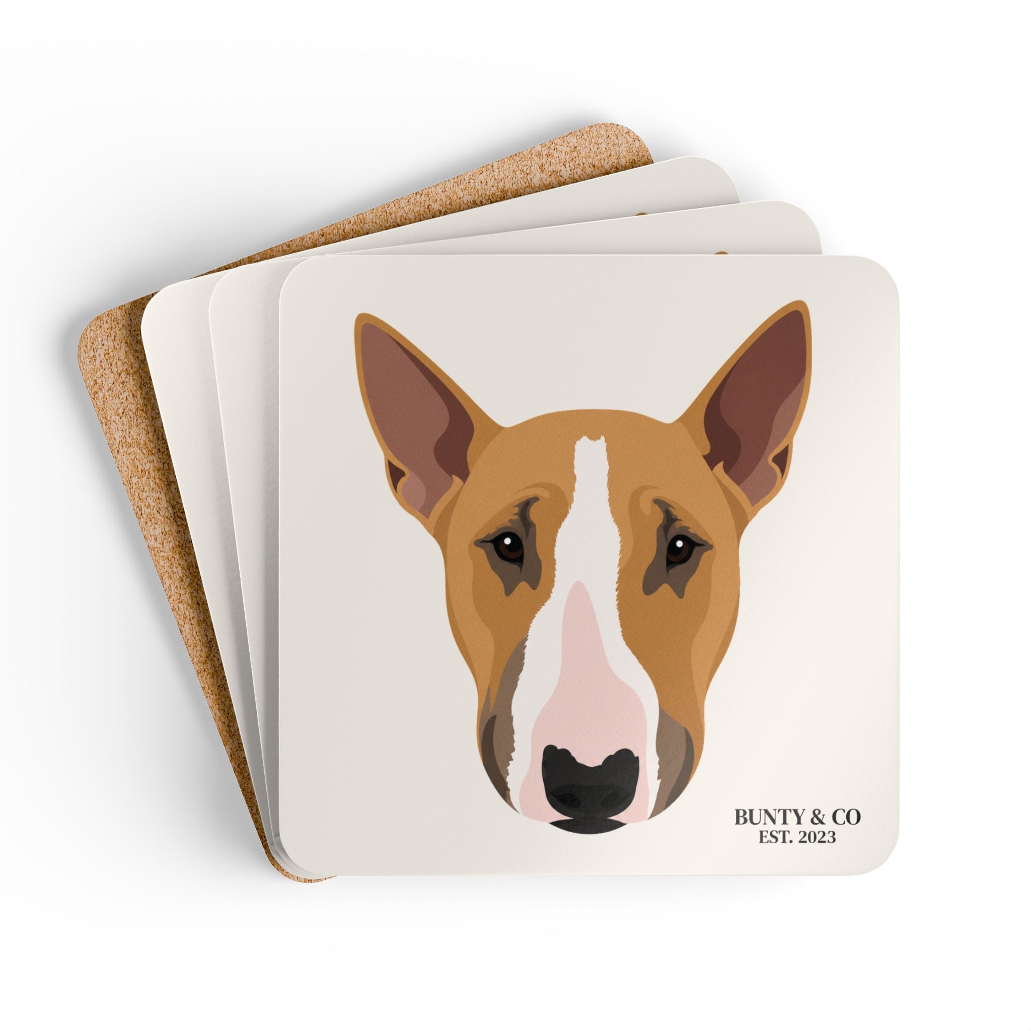 Bull Terrier Cork Coaster Set (4 Pack)  - Bunty - Warm White