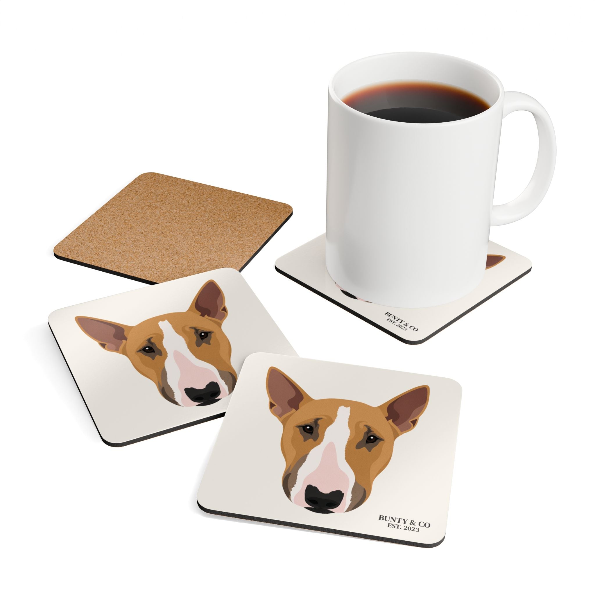 Bull Terrier Cork Coaster Set (4 Pack)  - Bunty - Warm White